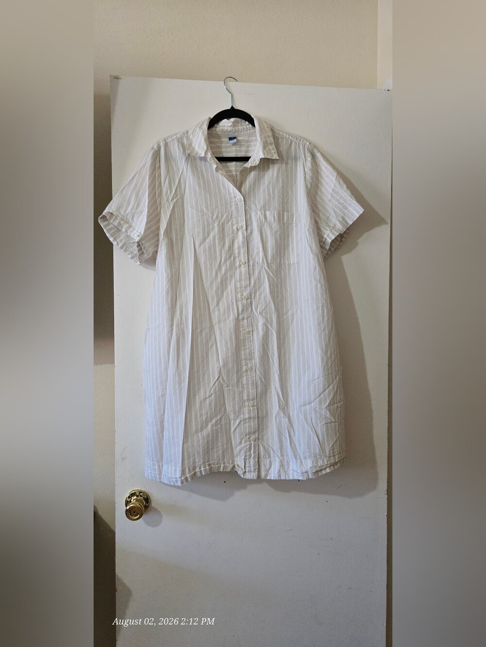 Old Navy Tan And White Striped Short-Sleeve Button-Up Dress